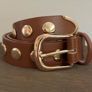 Brown Studded Leather Belt with Gold Accents